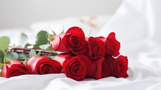 Bouquet of red roses, Happy Valentine Day background, Anniversary, Wedding, Proposal. Copy space for text. Generative AI