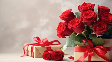 Bouquet of red roses with present box, Romantic Happy Valentine Day background, Anniversary, Wedding, Proposal. Copy space for text. Generative AI