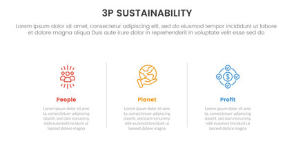 3p sustainability triple bottom line infographic 3 point stage template with line separation table with clean data for slide presentation - obrazy, fototapety, plakaty