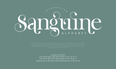 Sanguline premium luxury elegant alphabet letters and numbers. Elegant wedding typography classic serif font decorative vintage retro. Creative vector illustration