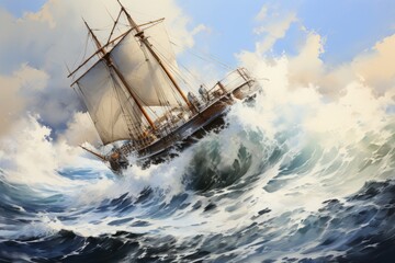 Old ship in the sea, oil paintings sea landscape