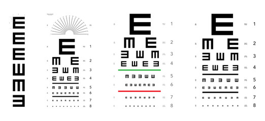 Set of E chart Eye Test Chart tumbling medical illustration. Line vector sketch style outline isolated on white background. Vision board optometrist ophthalmic for examination Checking optical glasses © Vectoressa