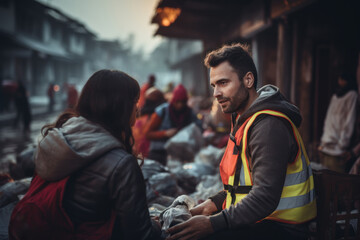 A humanitarian worker distributing aid in a disaster-stricken area, highlighting compassion and charity. Generative Ai.
