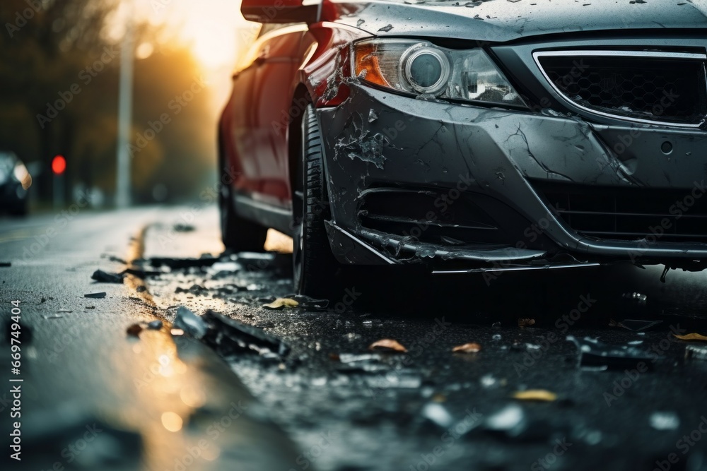 Poster broken car in an accident. crash on the road. background with selective focus and copy space