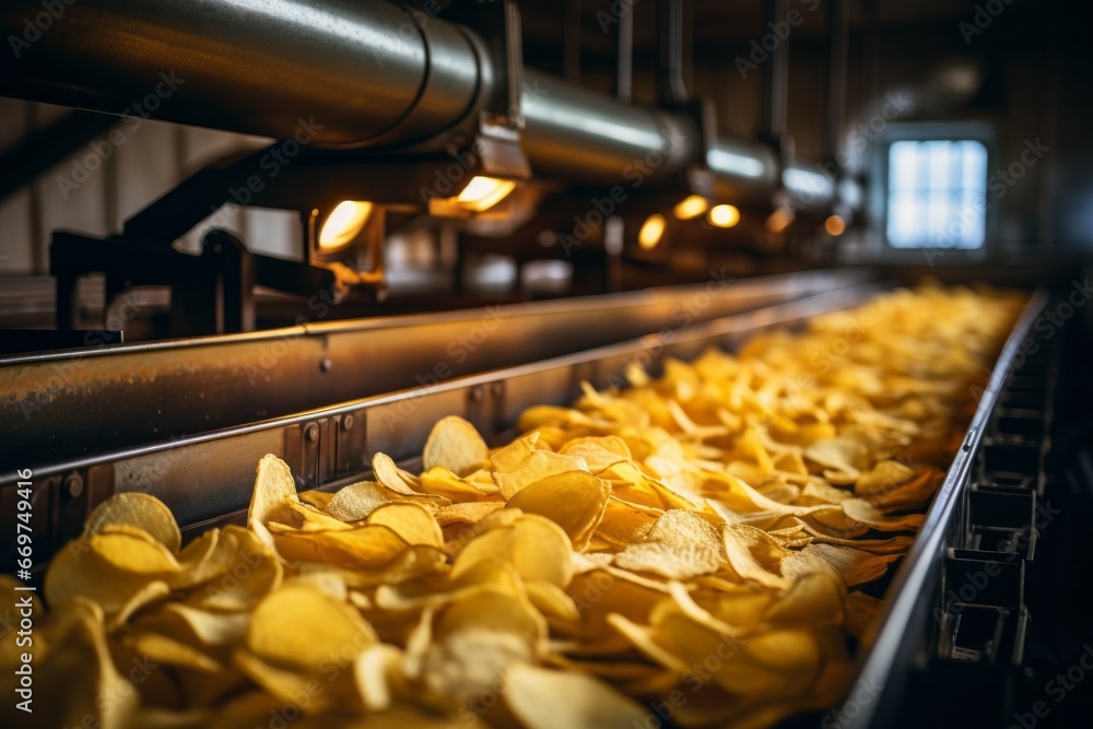 Poster chips factory. production conveyor line. background with selective focus and copy space