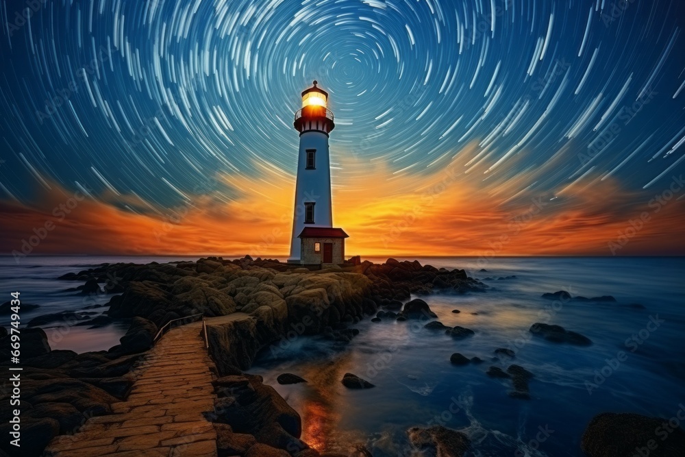 Poster lighthouse on the seashore. background with selective focus and copy space