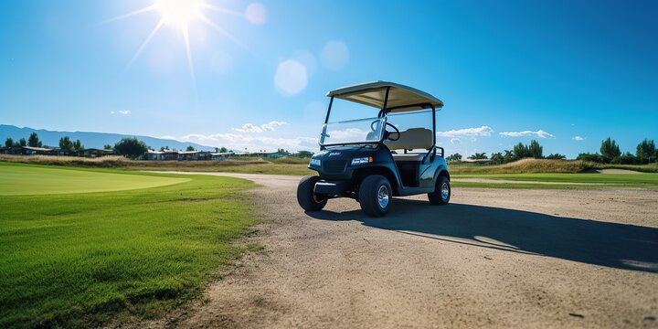 Golf cart on a resort golf course with green grass field and blue sky background, copy space sport banner background