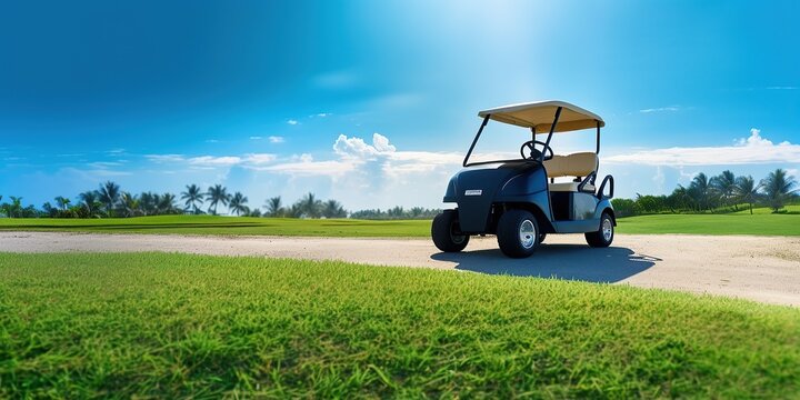 Golf cart on a resort golf course with green grass field and blue sky background, copy space sport banner background