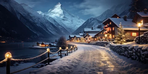Poster Ski resort houses decorated for Christmas in winter, street in mountain village or town at night. Chalets covered with snow in evening lights. Theme of travel, nature and New Year holiday © scaliger