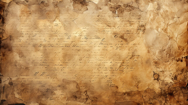 Old dirty paper texture background, vintage page from rare book, torn edges. Sheet of ancient parchment with worn text. Theme of antique, medieval material, manuscript, treasure