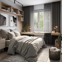 Interior of modern bedroom with black and white walls, tiled floor, comfortable master bed with white linens and wooden wardrobe. 3d rendering