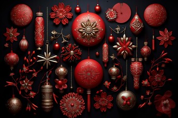 Festive red weights amidst wintery embellishments on a dark backdrop. Generative AI