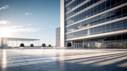 Fototapeta premium A view of a corporate office building, with a large parking lot