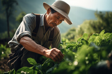 A Chinese farmer using modern agricultural techniques to increase crop yield, emphasizing food security and the Concept of agricultural advancements. Generative Ai.