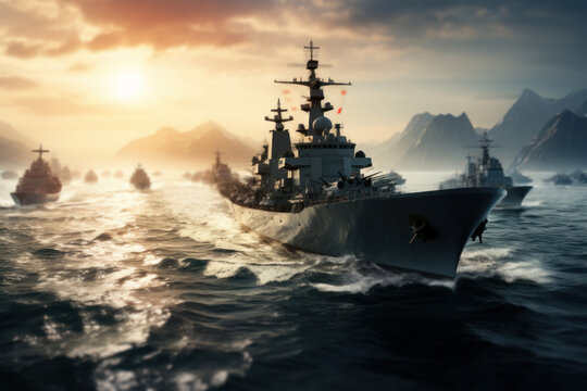 A powerful naval fleet on the open seas, symbolizing China's expanding maritime influence and the Concept of naval capabilities. Generative Ai. © Sebastian