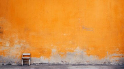 Alte Betonwand mit Rissen und orangener Farbe. Mit einem Stuhl im Vordergrund stehend. - obrazy, fototapety, plakaty