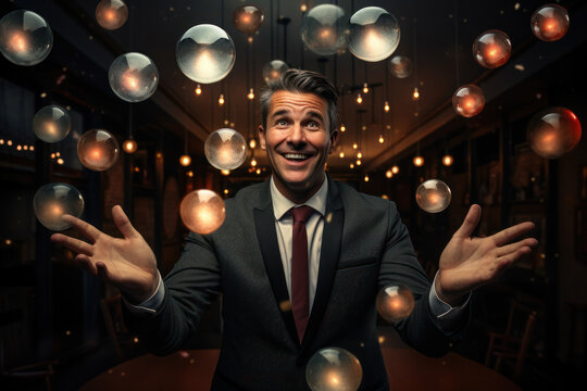 A businessman juggling various loans, mortgages, and bonds, symbolizing the Concept of corporate financial management. Generative Ai.