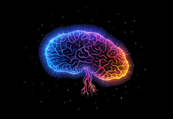 Abstrakte Vektorillustration in Neonfarben eines menschlichen Gehirns (Generative AI).