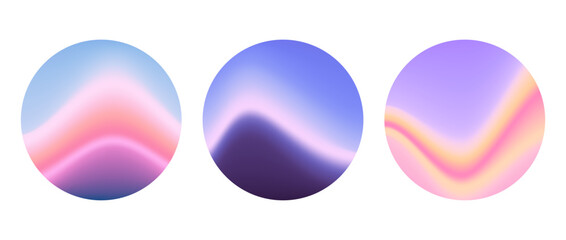 Round wavy gradient background set. Blurred liquid waves wallpaper collection. Purple pink iridescent abstract backdrops in circles. Vector pastel template for banner, flyer, cover, poster, collage