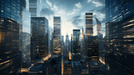 A view of a financial district with multiple banks and offices - obrazy, fototapety, plakaty
