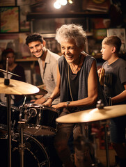 Fototapeta na wymiar A Photo of a Senior Woman Playing the Drums in a Band with Young Musicians
