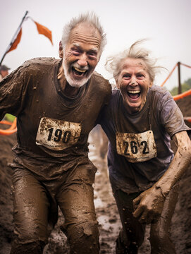 A Photo Of An Elderly Couple Participating In A Mud Run, Laughing And Covered In Mud