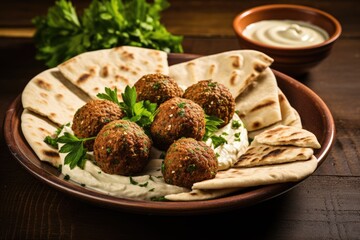 Culinary Journey to the Middle East: A Falafel Platter with Tahini Sauce and Pita Bread - A Delicious Vegetarian Dish That Celebrates the Flavors of Middle Eastern Cuisine.


