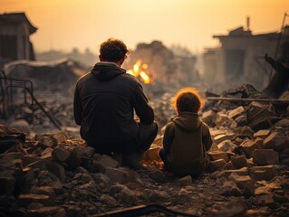 A father and his son were sitting in the ruins of a building looking for the rest of their belongings