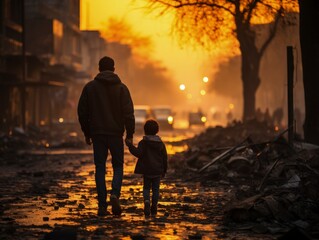 a father and his son were in the ruins of a building