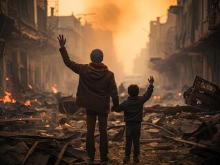 a father and his son were in the ruins of a buildingchildren and fathers waving in the midst of the rubble of buildings destroyed by missile bombs during war conditions
