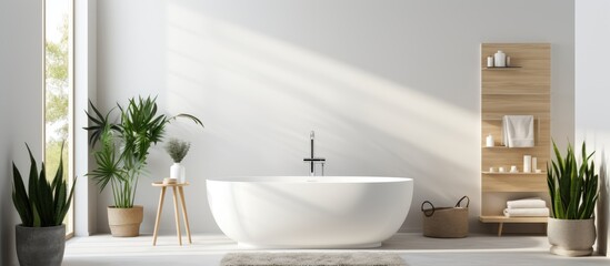 Fototapeta na wymiar Contemporary bathroom with tub and attractive faucet