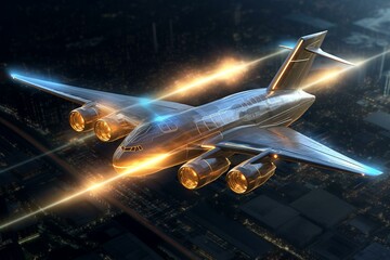 Futuristic cargo plane flying with laser beams. Generative AI