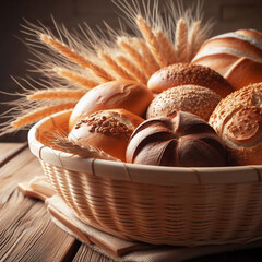 Some fresh baked goods placed in a straw basket. On a wooden table. Some ears of wheat. Close side view.

