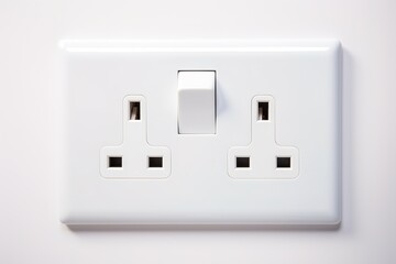 White wall mounted socket board with two electrical sockets and a switch. The socket board is...