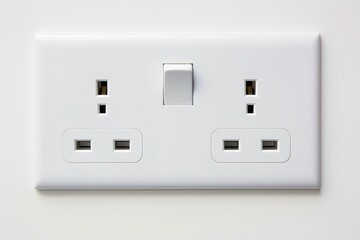 White wall mounted socket board with two electrical sockets and a switch. The socket board is isolated on a white background.