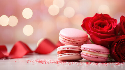 Delicious macarons with red roses, Happy Valentine Day background, Anniversary, Wedding, Proposal. Copy space for text. Generative AI
