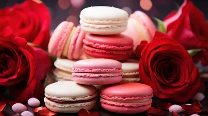 Foto op Canvas Delicious macarons with red roses, Happy Valentine Day background, Anniversary, Wedding, Proposal. Copy space for text. Generative AI © BussarinK