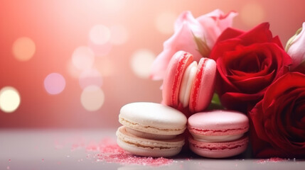 Obraz na płótnie Canvas Delicious macarons with red roses, Happy Valentine Day background, Anniversary, Wedding, Proposal. Copy space for text. Generative AI
