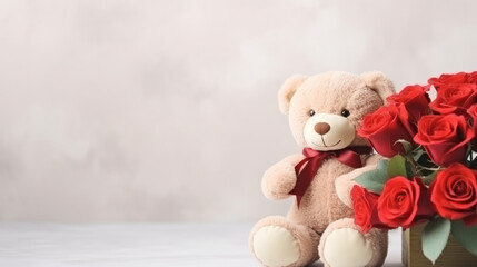 Cute teddy bear with red roses, Happy Valentine Day, Anniversary, Wedding, Proposal. Copy space for text. Generative AI