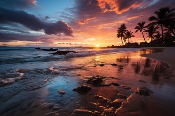 Peaceful sandy beach sunset with palm trees and breaking wave