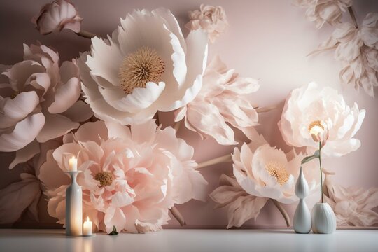 Beautiful light pink flowers against a breathtaking 3D wallpaper. Generative AI