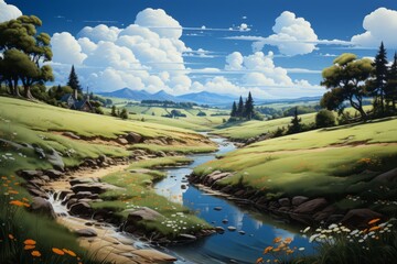 Grass,trees,river, blue sky,mountains ,oil paintings landscape.