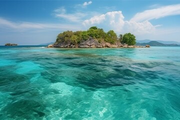 Scenic tropical island with turquoise sea and white yaht. Perfect for summer vacation, sea trip, tropical holiday. Generative AI