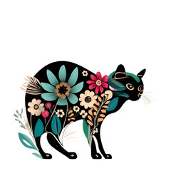 Cats and colorful decorative flowers. Vector seamless pattern, generative AI.