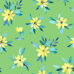 Fototapeta na wymiar Watercolor seamless pattern with pretty delicate yellow flowers. Vector illustration