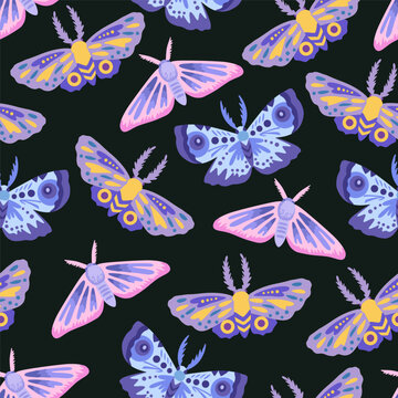 Seamless pattern with cute doodle simple butterflies and moths. Hand-drawn illustration.