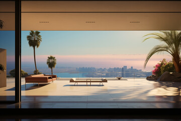 Front of an entrance area of a luxurious residence in beach area, with the city of Los Angeles visible in the distance