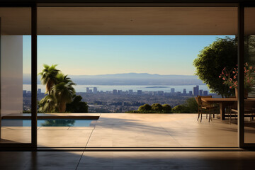 Front of an entrance area of a luxurious residence in beach area, with the city of Los Angeles visible in the distance - 669754452