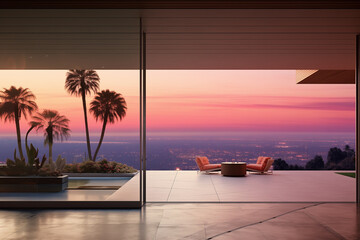 Front of an entrance area of a luxurious residence in beach area, with the city of Los Angeles visible in the distance - 669754453