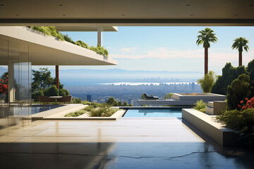 Front of an entrance area of a luxurious residence in beach area, with the city of Los Angeles visible in the distance - 669754458